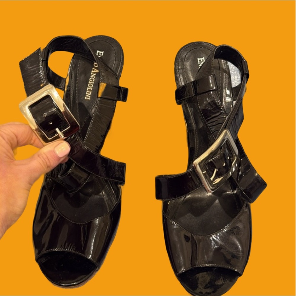 Enzo Angiolini Elegant Black Ealegs Women's Sandals heels silver buckle